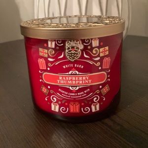 White barn raspberry thumbprint candle